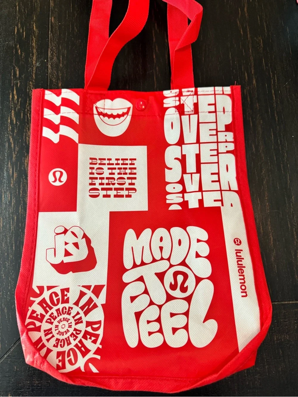 New Lululemon Red Graphic Patchwork Reusable Tote collage of motivational quotes